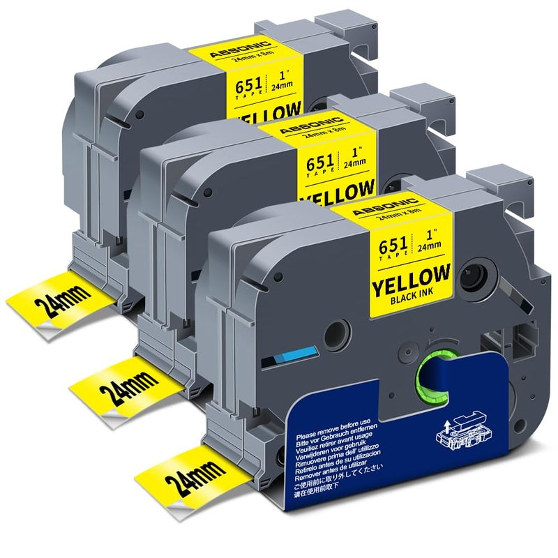 Absonic 24mm Yellow Tze Label Tape Compatible for Brother TZe-651 Tze651 0.94" Black on Yellow Tz Laminated Tape for Ptouch Label Maker PTD610BT PTD600 PTP750W PTP710BT E550WVP 2730VP 2430PC, 3 Pack - Image 1